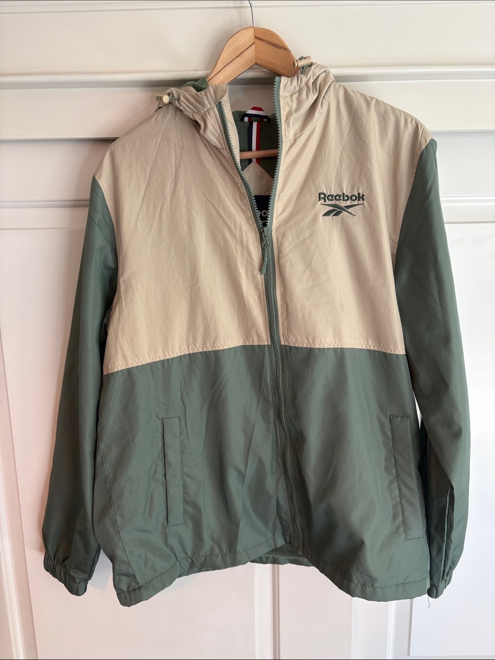 Reebok Men's Two-Tone Hooded Windbreaker in Sage Green & Beige